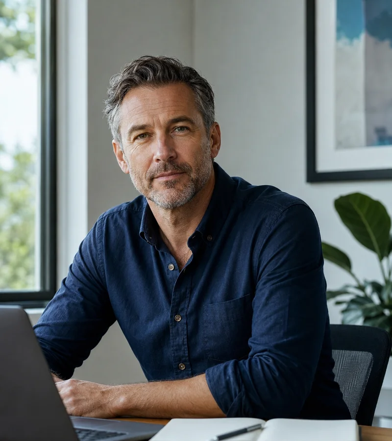Dorian Menard, founder of WestAI Search, at his desk in a naturally lit Perth home office