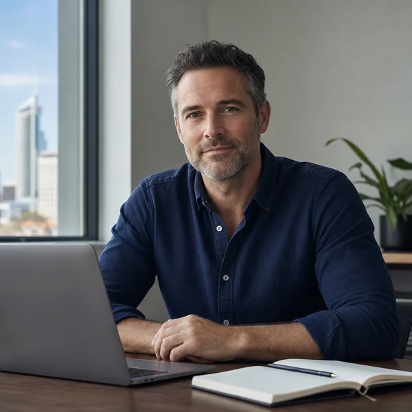 Dorian Menard, founder of WestAI Search, working at a desk in a naturally lit home office in Perth